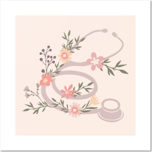 Pink stethoscope with flowers Posters and Art